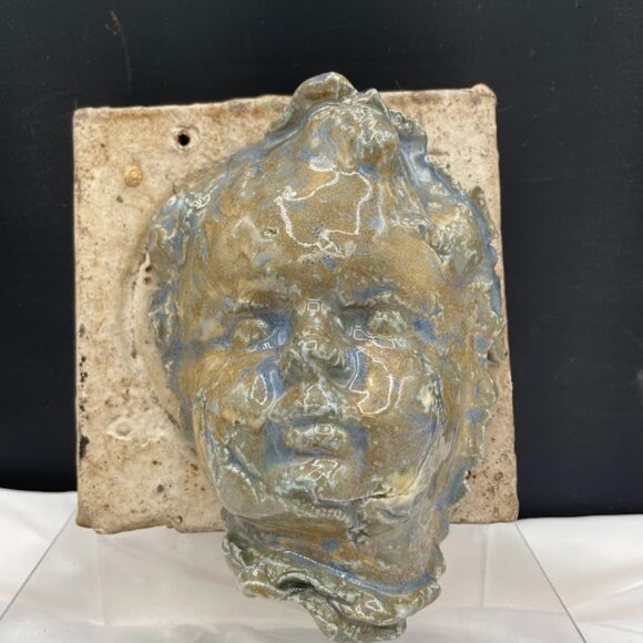Johnnie Dobson Pottery Mixed Media Blue Green Glaze Cherub Face on Wood